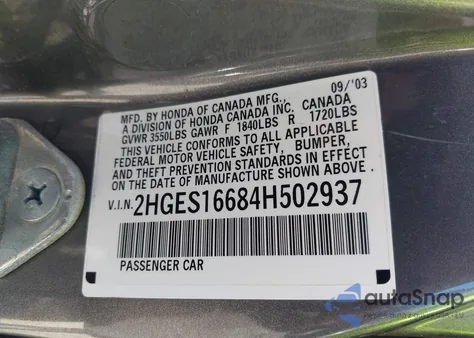 2004 Honda Civic Lx from USA, damaged, VIN 2HGES16684H502937